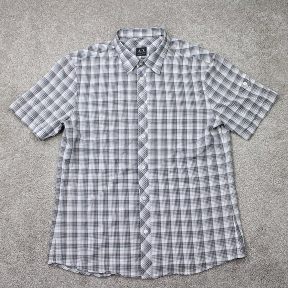 A/X Armani Exchange Shirt Mens Lage Gray/White 100% Cotton Short Sleeve Button - Picture 1 of 13